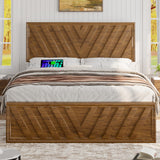 Incyneva Queen Bed with Adjustable Headboard, Farmhouse Platform Bed Wood with LED Light and Charging Station, Diagonal Line & Rustic Brown Incyneva