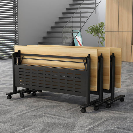 Folding Conference Table, Modern Rectangle Flip Top Mobile Seminar Training Table with Caster Wheels, baffles, Waterproof Desktop for Office Conference Room Classroom (Yellow, 63×16×30in) WOJCCS
