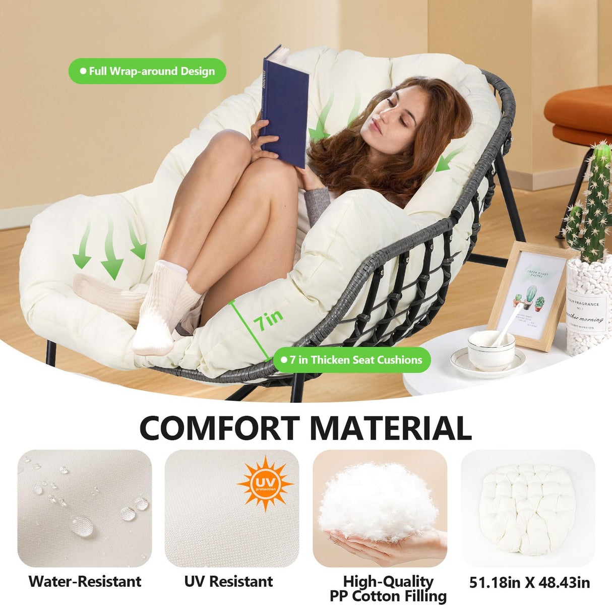 Outdoor Rocking Chair, Oversized Patio Papasan Rocking Chair with Cushion, Ottomans, Side Table, Large Egg Royal Rocking Lounge Chairs for Patio Porch Garden Backyard, Grey (Three Piece Set) LISRUX