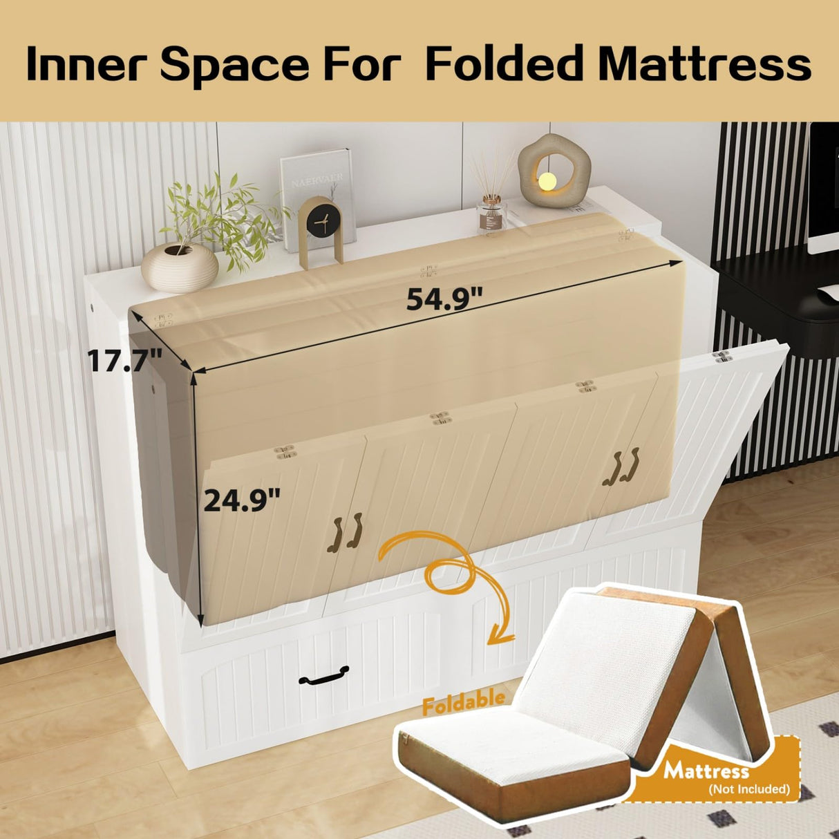 FAMAPY Twin Murphy Bed with Built-in Charging Station, Space-Saving Murphy Bed Chest Twin with Drawer, Foldable, for Home Office Guest Room Bedroom White, 76.8”L x 44.4”W x 41.3”H FAMAPY