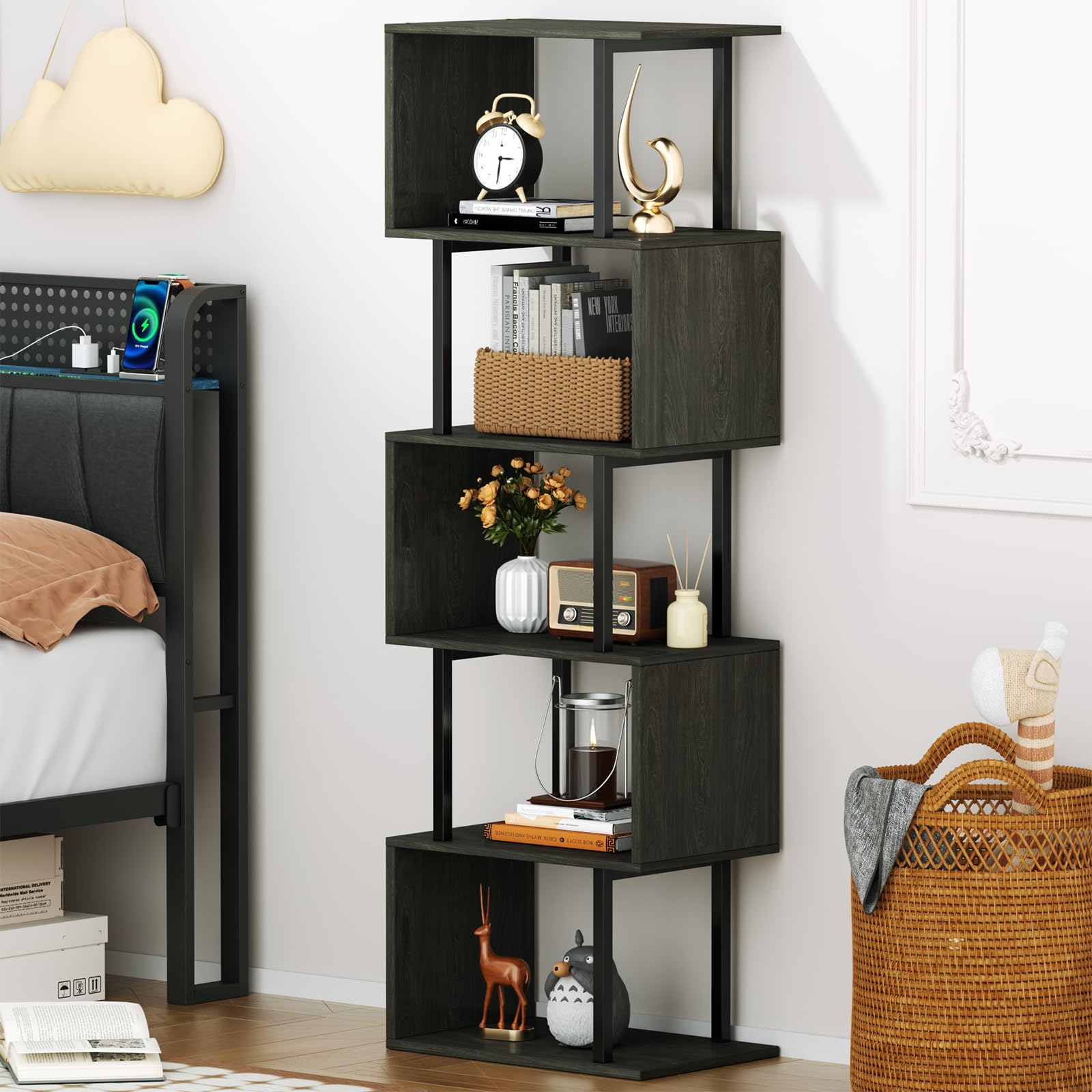 Furologee 6-Tier S-Shaped Geometric Bookshelf in Light Black Oak - Tall Industrial Display and Storage Shelf - WoodArtSupply