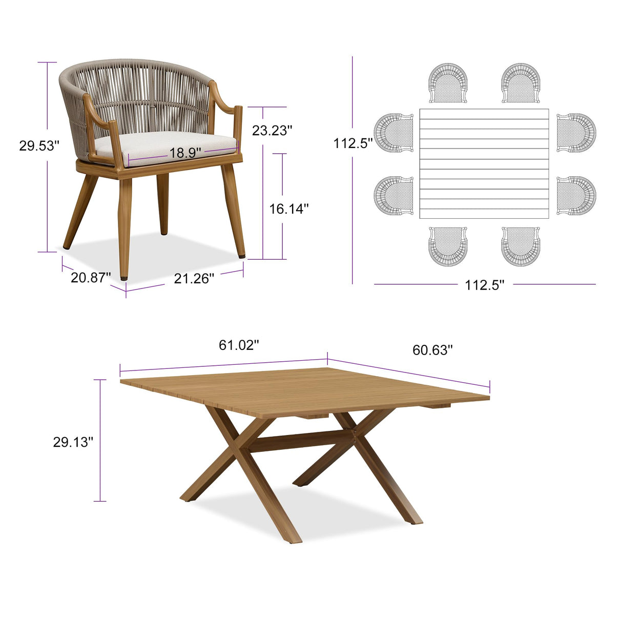 PURPLE LEAF 9 Pieces Outdoor Dining Set All Weather Wicker Patio Dining Set with Square Aluminum Table and Modern Armrest Dining Chairs for Garden Deck Backyard Kitchen, Teak PURPLE LEAF
