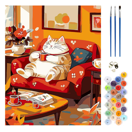 MEIYUDA Cat Paint by Numbers Kit, Cat Lying on Sofa Paint by Numbers for Adults Beginners, DIY Cartoon Acrylic Oil Painting by Number on Canvas for Gift Home Wall Decor 16x20in MEIYUDA