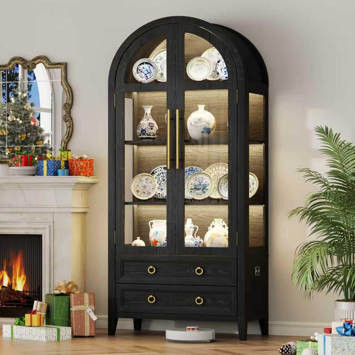 Vlsrka 71" Arched Display Cabinet with Glass Doors, 4-Tier Curio Cabinet with 3 Color Lights for Collectibles, Glass Display Case with Human Body Sensor, Display Shelf with 2 Drawers, Black Vlsrka