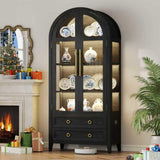 Vlsrka 71" Arched Display Cabinet with Glass Doors, 4-Tier Curio Cabinet with 3 Color Lights for Collectibles, Glass Display Case with Human Body Sensor, Display Shelf with 2 Drawers, Black Vlsrka