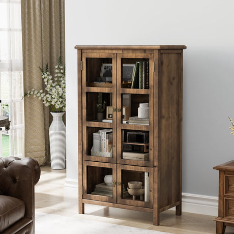 VINGLI Storage Cabinet,Display Cabinet with Glass Doors, Glass Door Cabinet, Rustic Storage Cabinet with Doors and Shelves, Showcase Display Cabinet with Cedar Wood Finish, Walnut VINGLI