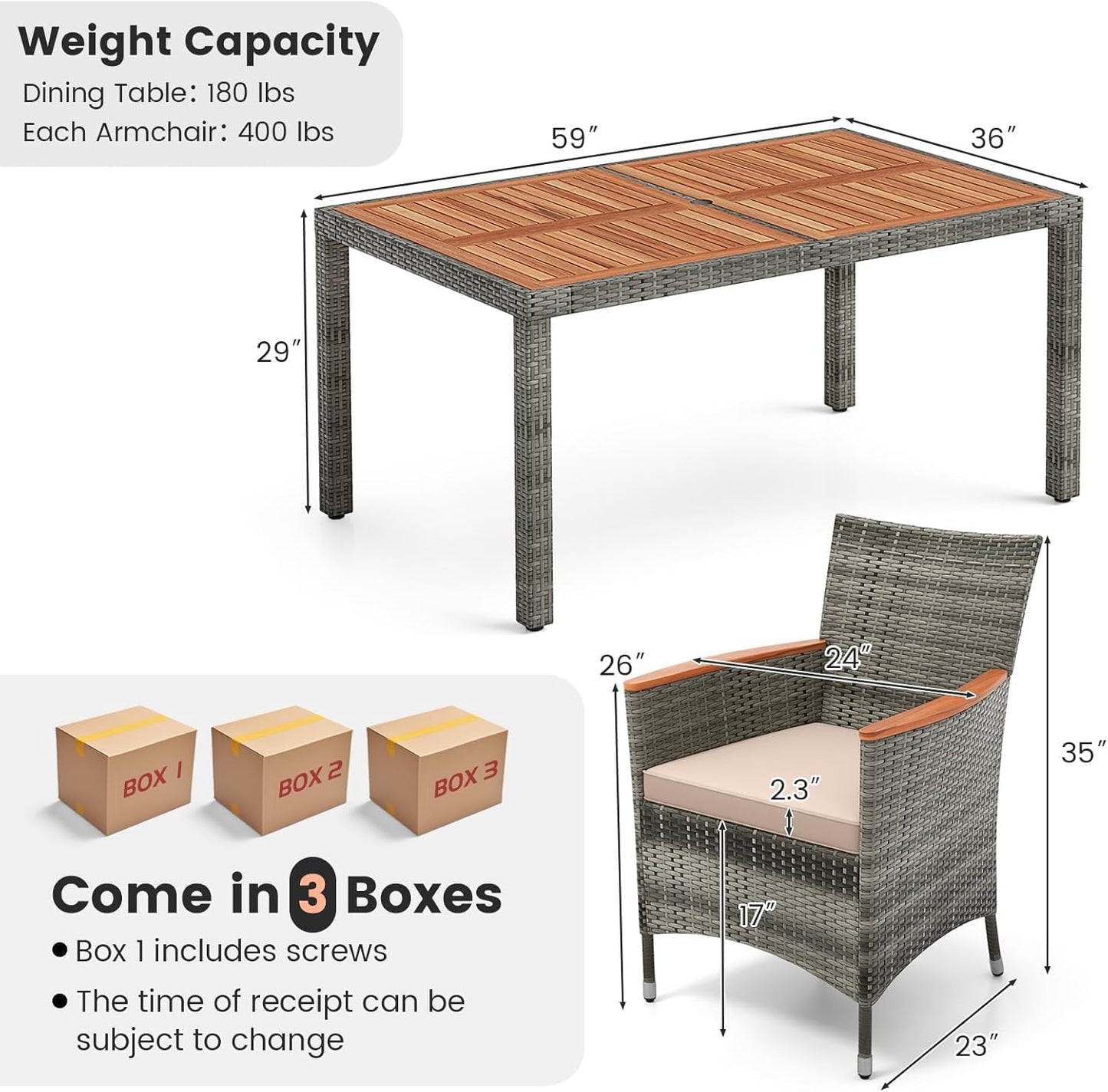 HAPPYGRILL 7 Piece Patio Rattan Dining Set Outdoor Wicker Chair & Table Set, Acacia Wood Tabletop & Armrests, Seat Cushions Included, Space-Saving Dining Set for Poolside Backyard Garden - WoodArtSupply