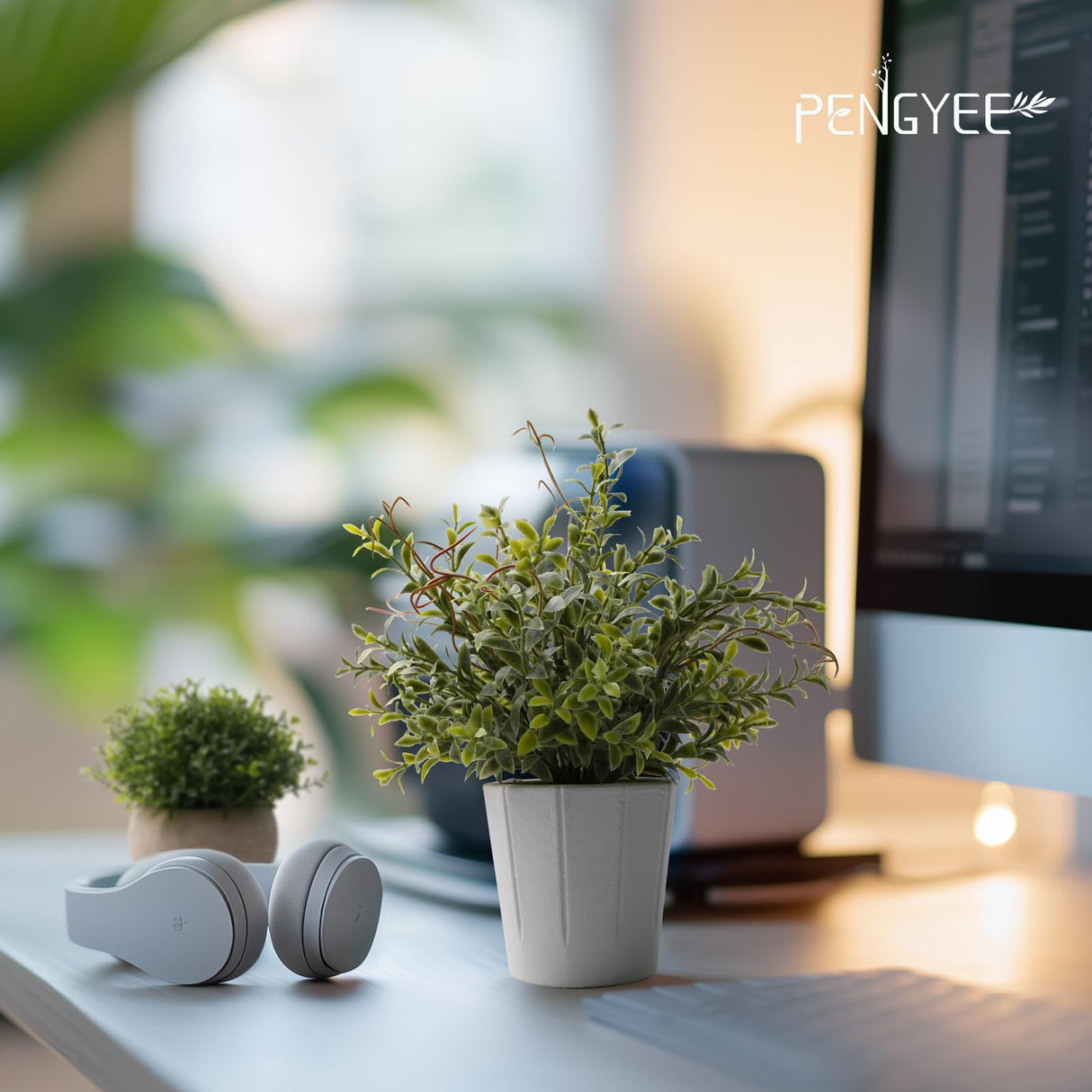 PENGYEE 4 Pack Small Fake Plants, Artificial Plants Indoor for Home Decor, Small Faux Plants Indoor, Fake Plants in White Pot for Bathroom Bedroom Kitchen Office Farmhouse Room Shelf Decor PENGYEE