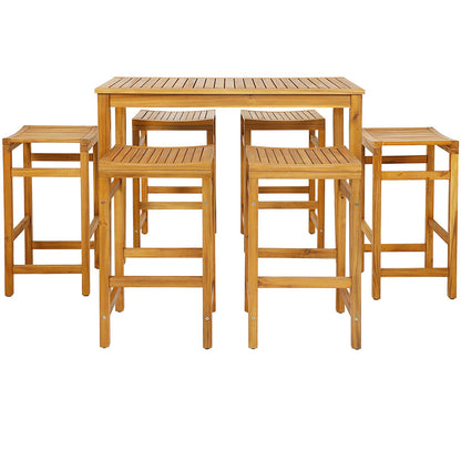 Tangkula 7-Piece Acacia Wood High Top Bar Set with 6 Saddle Stools for Outdoor Dining