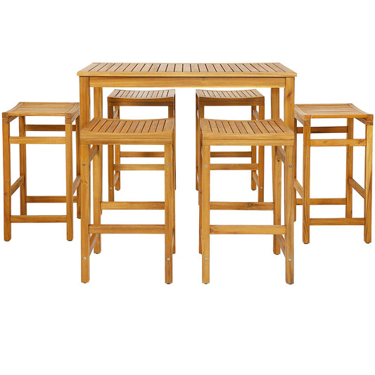 Tangkula 7-Piece Acacia Wood High Top Bar Set with 6 Saddle Stools for Outdoor Dining