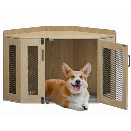 Corner Dog Crate Furniture - Dog Crate Cage for Small Medium Dogs, Wooden Indoor Aesthetic Puppy Kennel TV Stand, Modern Decorative Pet House Dog Cage, Light Oak Giluta