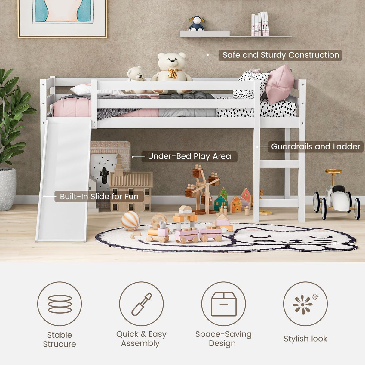 NAFORT Twin Size Loft Bed with Slide & Stairs – Low Loft Bed for Kids, Solid Wood Frame with Guard Rails, Slat Support & Climbing Ladder, Space Saving White Finish NAFORT