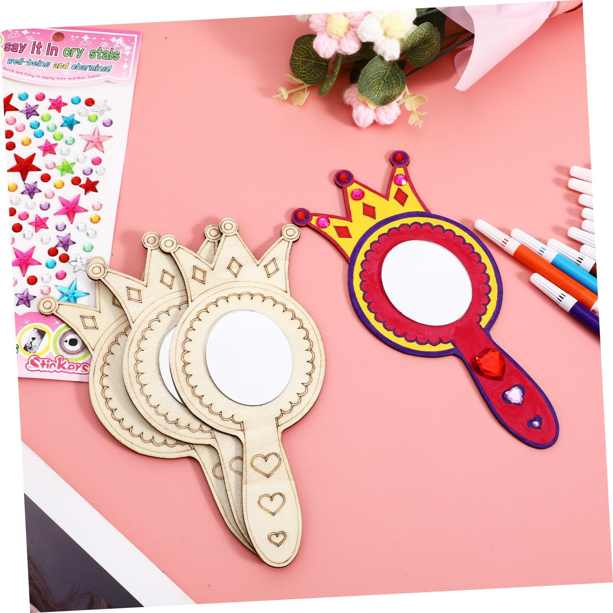 NUOBESTY 1Set Princess Mirror Craft Kit DIY Handheld Mirror with Markers Rhinestone Stickers for Birthday Party Decorations Creative Play and Learning NUOBESTY