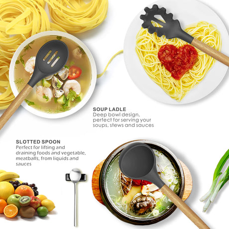 Silicone Cooking Utensils Kitchen Utensil Set - 446°F Heat Resistant Silicone Kitchen Utensils Set, Spatula,Turner Tongs, Spoon, Brush, Whisk,Kitchen Gadgets for Nonstick Cookware, BPA Free (Gray) oannao