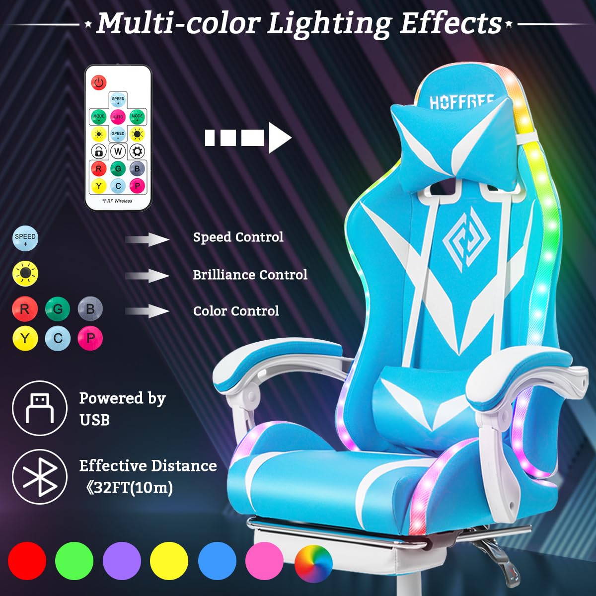 HOFFREE Gaming Chair with Massage and LED Lights Ergonomic Video Game Chairs with Footrest High Back Reclining Computer Chair with Adjustable Lumbar Support Blue and White HOFFREE