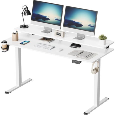 Furmax Electric Standing Desk with Monitor and Laptop Workstation, 55 x 24 Inches Height Adjustable Sit Stand Up Desk, Computer Workstation with Cup Holder and Hook, Holes for Cables, White Furmax