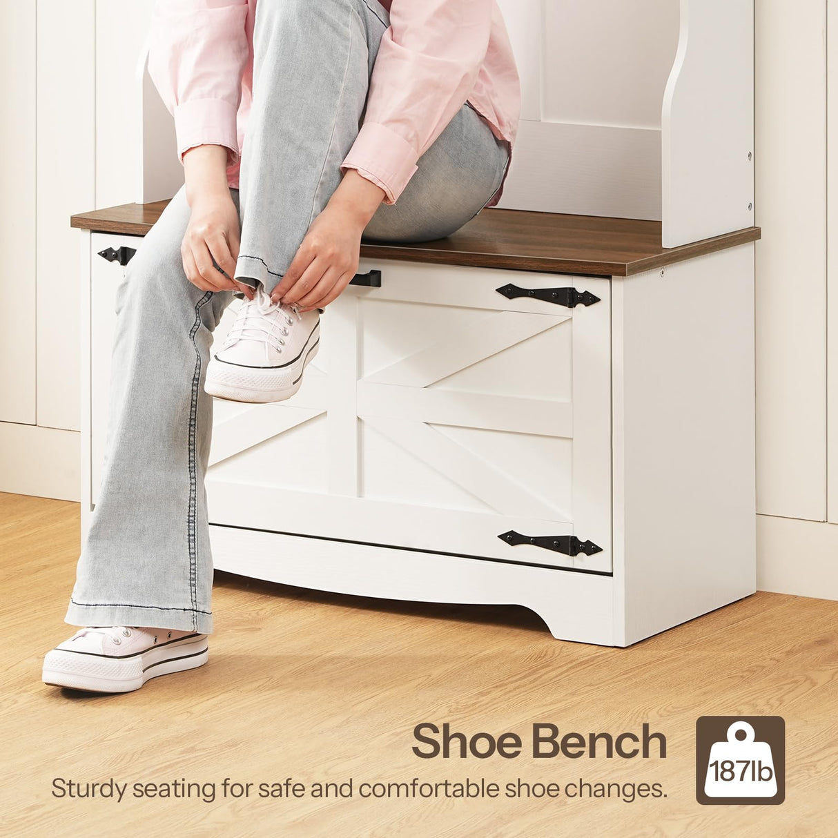 HOOBRO Hall Tree with Bench, Entryway Bench with Coat Rack and Shoe Cabinet, Flip Drawers, Farmhouse Hall Tree with Shoe Organizer, Mud Room, White and Walnut WH85MT01 HOOBRO