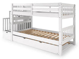 Bedz King Stairway Bunk Beds Twin over Twin with 3 Drawers in the Steps and a Twin Trundle, White Bedz King
