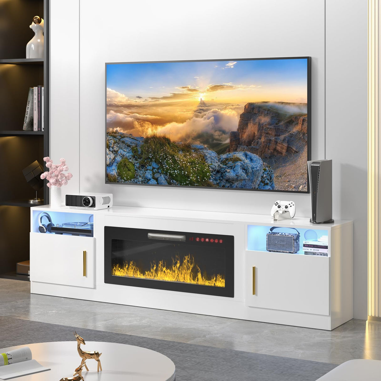 VENDORZ TV Stand with Fireplace, 36" Fireplace TV Stand LED Entertainment Center with Fireplace, 80 Inch Modern Electric Fireplace TV Stand for Living Room, White TV Stand with Fireplace Up to 90" TVs VENDORZ