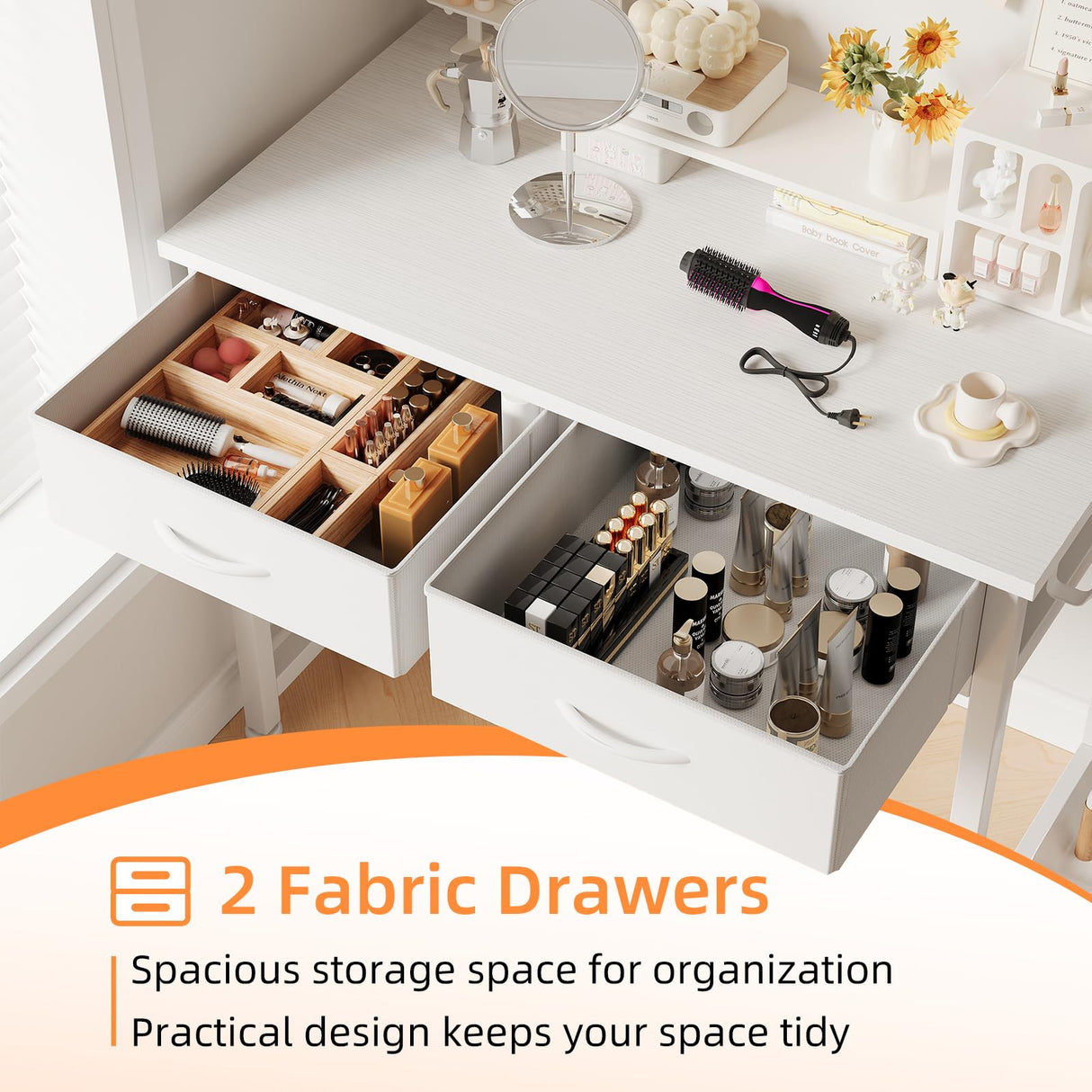 CAIYUN Small Desk with Fabric Drawers, 32 Inch White Vanity Desk for Bedroom, Home Office Computer Desk for Small Space, Modern Work Laptop Study Table, Kids Writing Desk with Storage Bag & Hook CAIYUN