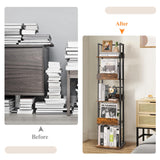 Bikoney 5-Tier Rotating Corner Bookshelf - Tall Industrial Black Wood & Metal Bookcase Bikoney