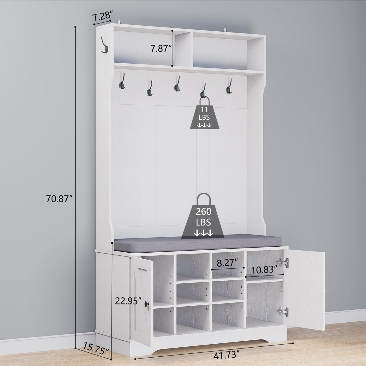 spanspace 71" Hall Tree with Bench and Shoe Storage, Entryway Hall Tree with 2 Doors and 6 Adjustable Shelves, Cushioned Mudroom Storage Bench with Coat Rack for Hallway and Living Room spanspace
