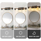 Bathroom Vanity Light Fixtures 4 Lights, Wooden Farmhouse Vanity Lights Rustic Bathroom Lights Over Mirror with Clear Glass Shade Black Industrial Wall Sconce for Bathroom Bedroom Hallway Kitchen GoYeel