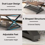 LVB Rustic Coffee Table with Storage, Industrial Wood Metal 2 Tier Center Living Room Table with Mesh Shelf, Farmhouse Wooden Low Rectangle Cocktail Tea Table for Office Bedroom, 47 inch, Rustic Brown LVB