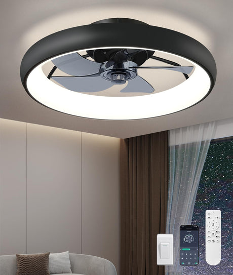 Ultra Low Profile Ceiling Fans with Lights and Remote Ultra Quiet 25 dB, 21" Modern Flush Mount Ceiling Fan LED Ceiling Fan Fandelier Ceiling Fan for Bedroom Kitchen Fivesun
