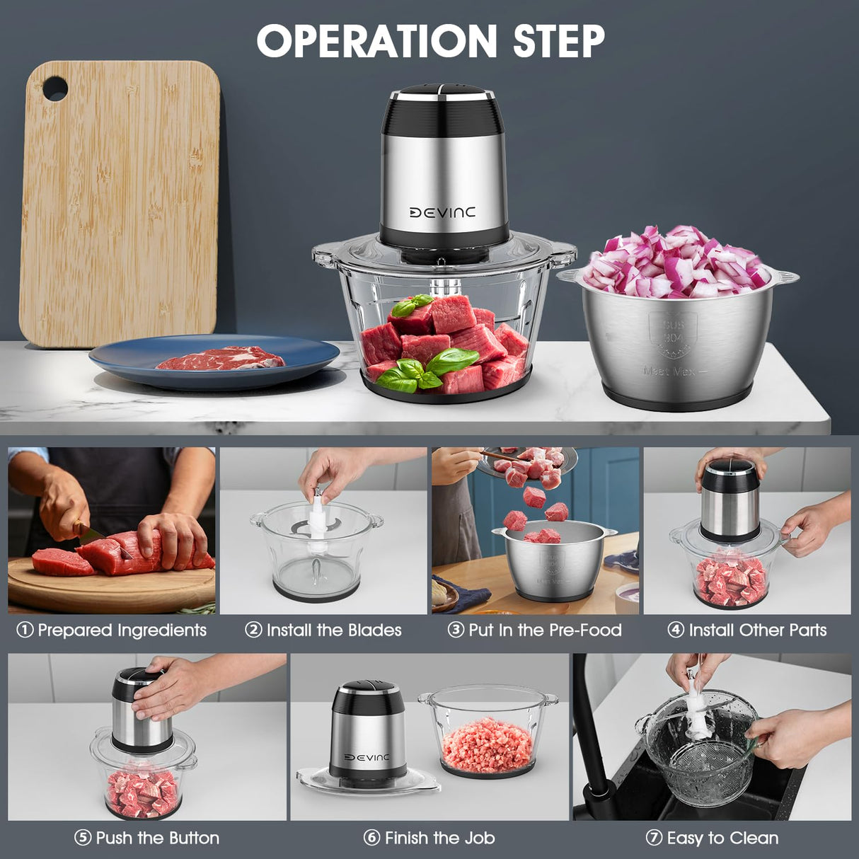 Food Processors, Mini Meat Grinder & Veggie Chopper with 2 Bowls (8 Cup+8 Cup), Electric Food Chopper with 2 Sets of Bi-Level Blades for Meat, Vegetables, Fruits and Nuts DEVINC