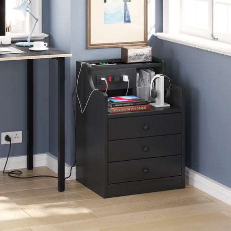 ADORNEVE Night Stand Set 2,Black Nightstand with Charging Station & Hutch,Night Stands for Bedrooms Set of 2,Bedside Table with Drawers ADORNEVE