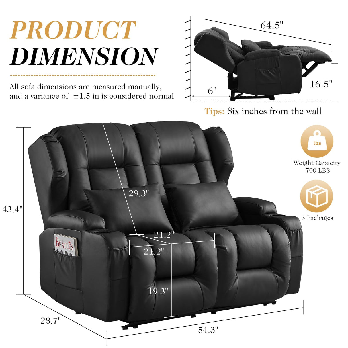 Loveseat Recliner Sofa,RV Couch 6'' Wall Hugger Recliners for Small Spaces,Faux Leather Reclining Loveseat Sofa Recliner with Cup Holders/Lumbar Pillows,RV Furniture (Black, Loveseat) Generic