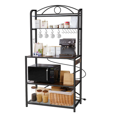 Home Limpidity Bakers Rack for Kitchen, 33-inch Wide Coffee Bar Station with Power Outlet, 5 Tier Microwave Stand Storage Shelf with S-Shaped Hooks, Metal Frame with Brown Wood Tabletop