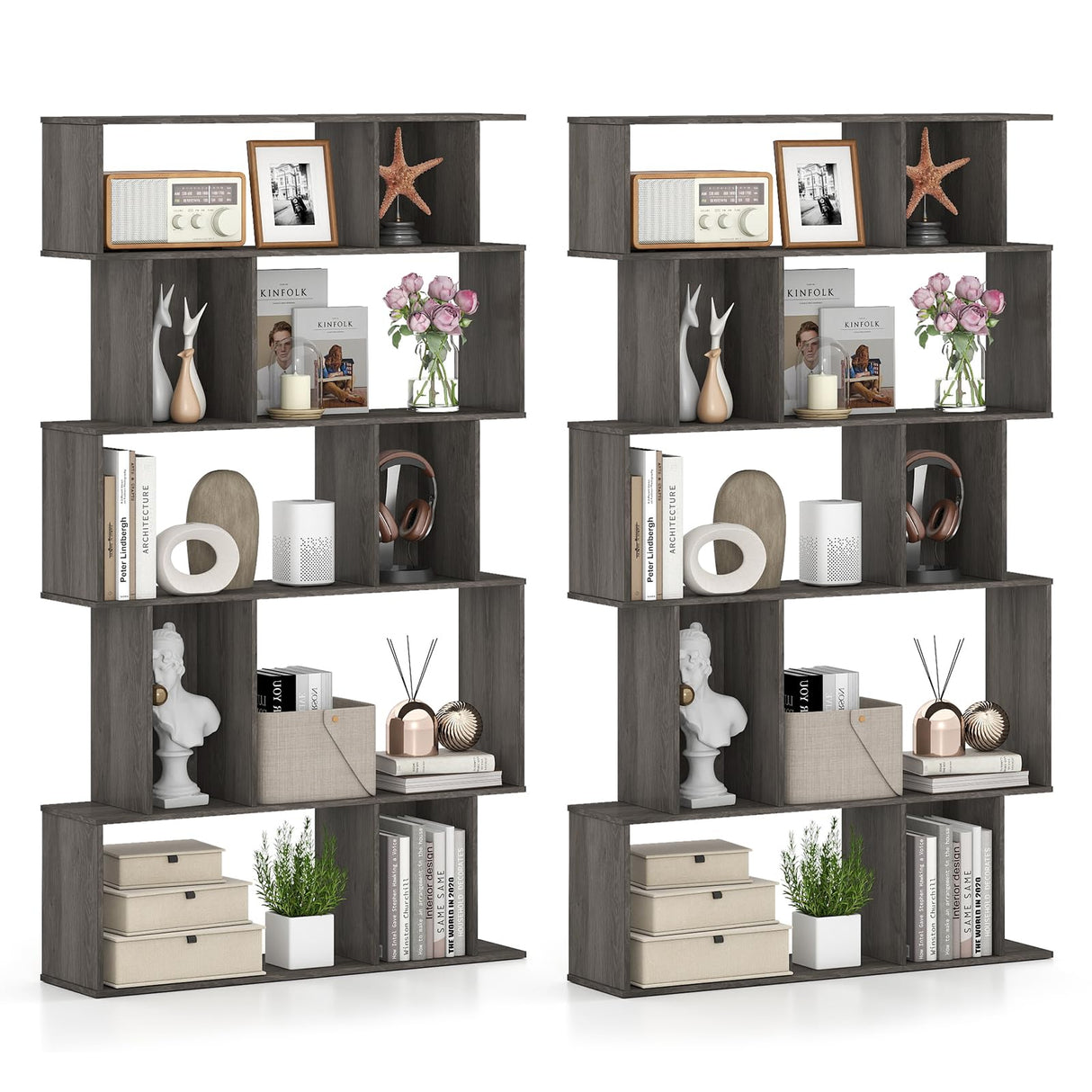 Tangkula 5-Tier Geometric Bookshelf, 62”H Bookcase with Open Shelves & Closed-Back Cubes, S-Shaped Decorative Display Rack Storage Organizer for Living Room Bedroom Home Office (2, Gray Oak) Tangkula