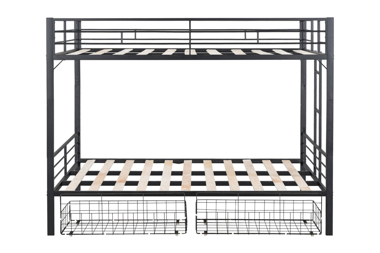 PVWIIK Queen Over Queen Bunk Bed with Drawer and Design Sense Headboard for Adult Teenagers Bedroom,Metal Bed Frame w/Safety Guardrails for Girls, Boys,Modern Style Bed/No Box Spring Required,Black PVWIIK