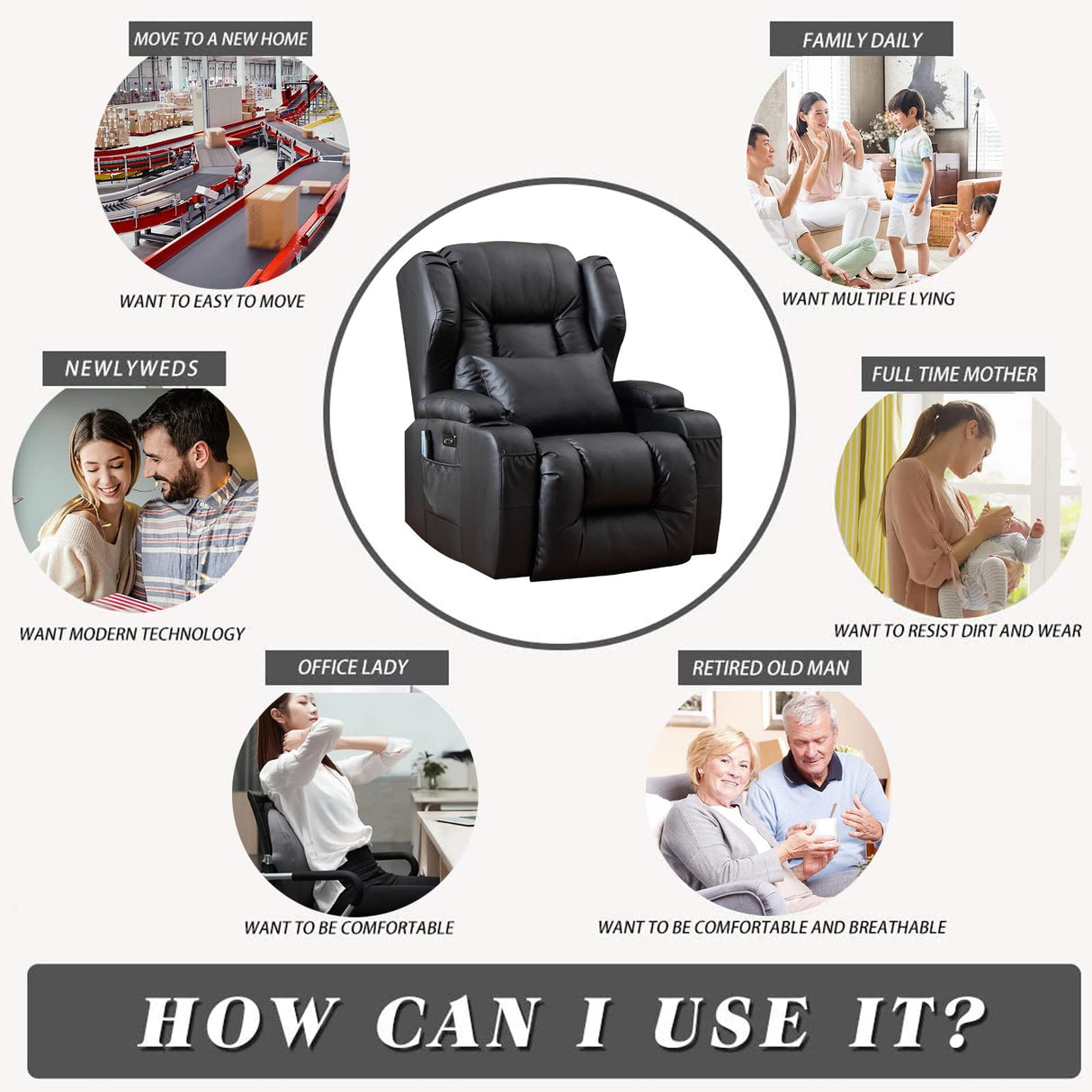 SAMERY Power Recliner Chair with Massage & Heating, Comfy Sleeper Chair Sofa Electric Recliners Home Theater Seat for Living Room with Cup Holders/USB Ports/LED Light/Lumbar Pillow/Remote Control SAMERY
