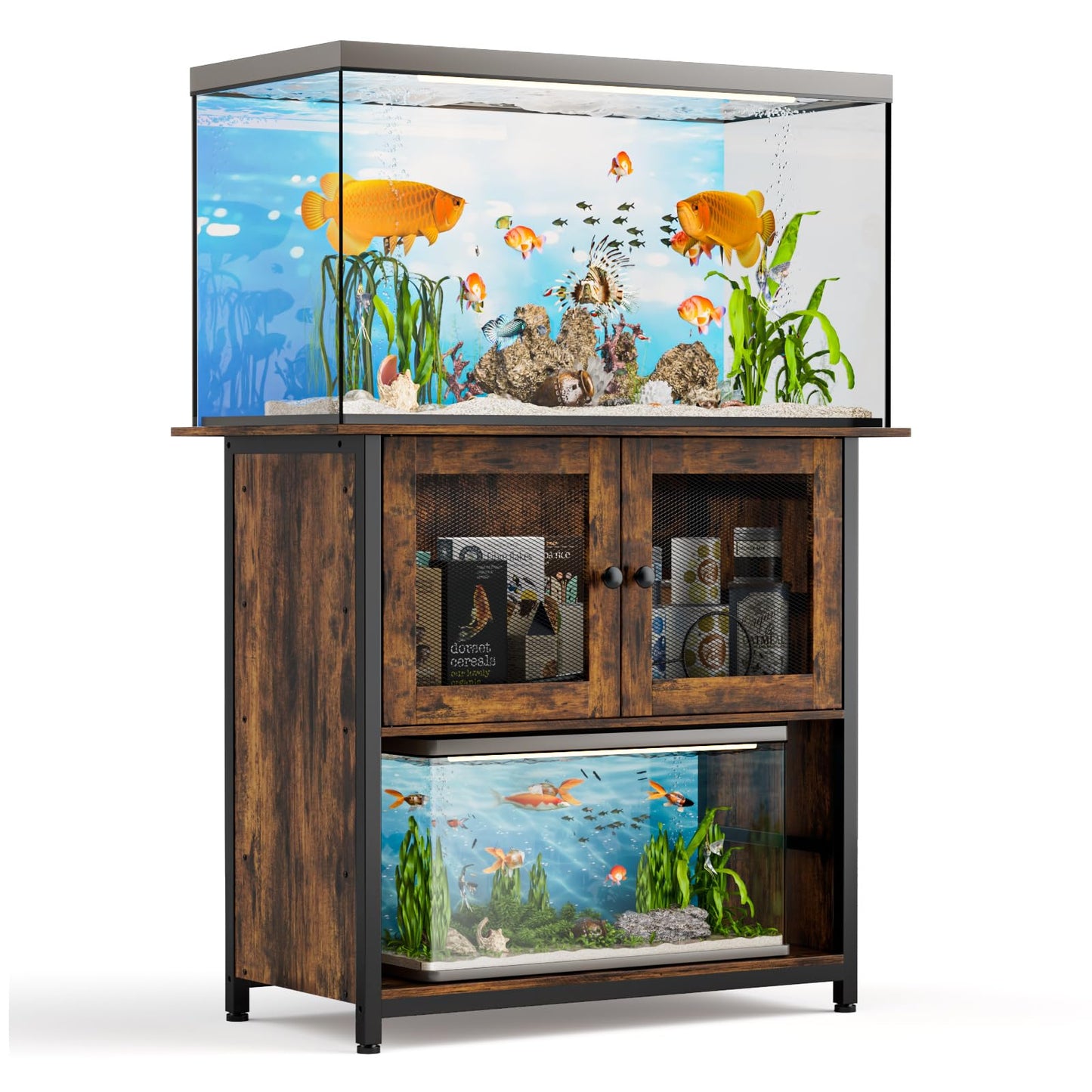 40-50 Gallon Fish Tank Stand: Large Metal Frame Double Aquarium Stands with Cabinet for Fish Tank Accessories Storage | Turtle Reptile Breeder Tank Terrarium Table Stand, 900LBS Capacity Brown