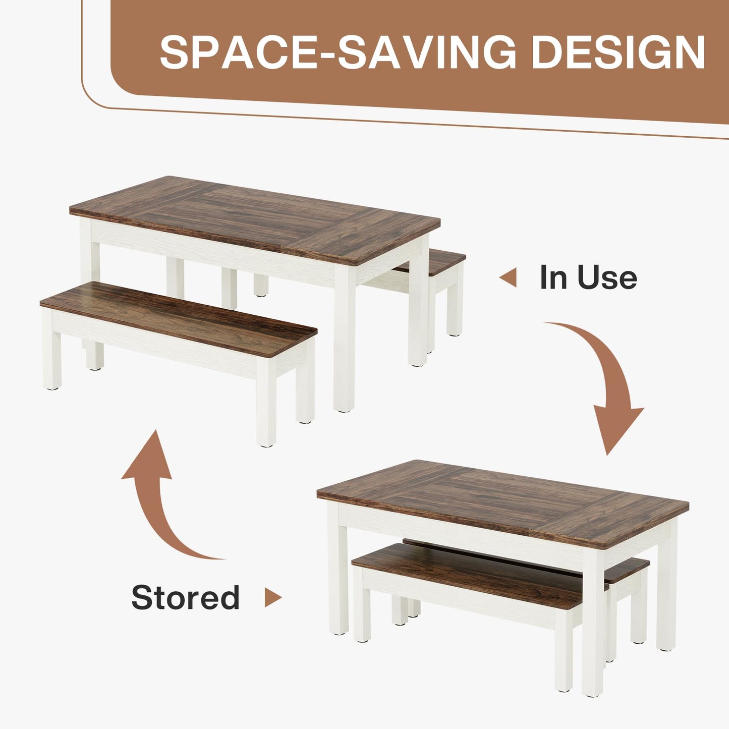 Tribesigns 3 Pieces Dining Table Set with 2 Benches, 55-Inch Wood Kitchen Table Set for 4-6, Farmhouse Space-Saving Dinette for Kitchen, Dining Room (Brown&White)