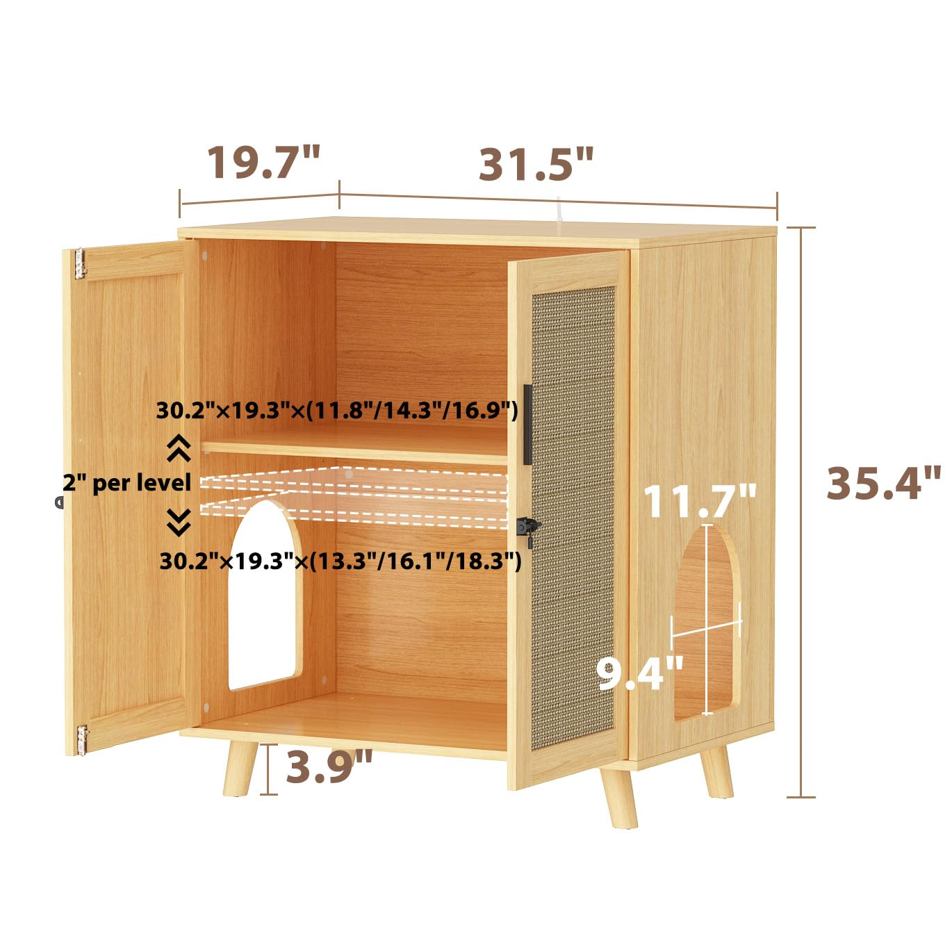 Lovinouse Large Cat Litter Box Enclosure, Hidden Cat Washroom Furniture with Sisal Covered Doors, 2 Layer Wooden Cat Cabinet with Adjustable Shelf, Side Table TV Stand for Living Room - WoodArtSupply