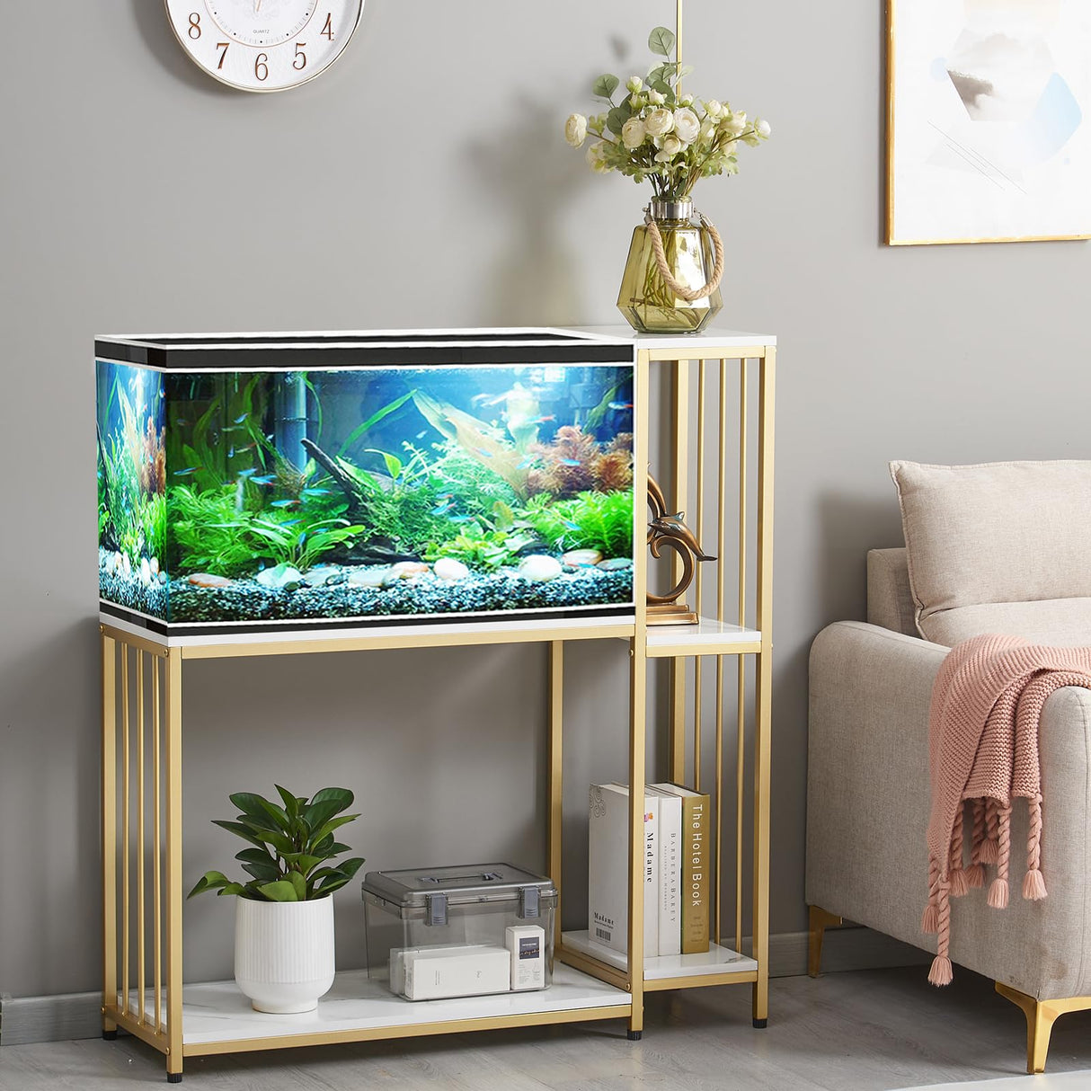 GOLASON Fish Tank Stand for up to 29 Gallon Aquarium, Reptile Terrariums Tank Stand, Metal Wooden Aquarium Stand, Gold GOLASON