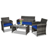Goplus 4-Piece Rattan Patio Furniture Set, Outdoor Wicker Conversation Sofa with Weather Resistant Cushions and Tempered Glass Tabletop for Lawn Backyard Pool Garden (Blue) Goplus