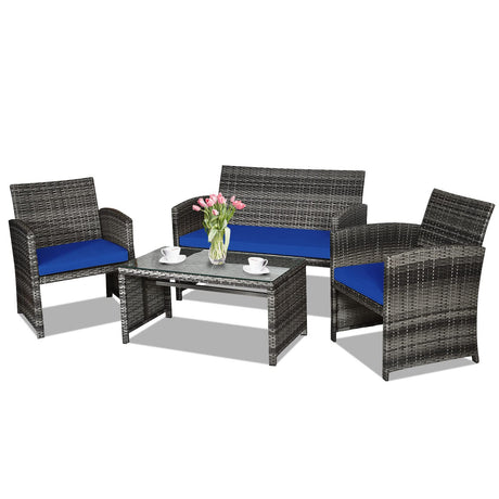 Goplus 4-Piece Rattan Patio Furniture Set, Outdoor Wicker Conversation Sofa with Weather Resistant Cushions and Tempered Glass Tabletop for Lawn Backyard Pool Garden (Blue) Goplus
