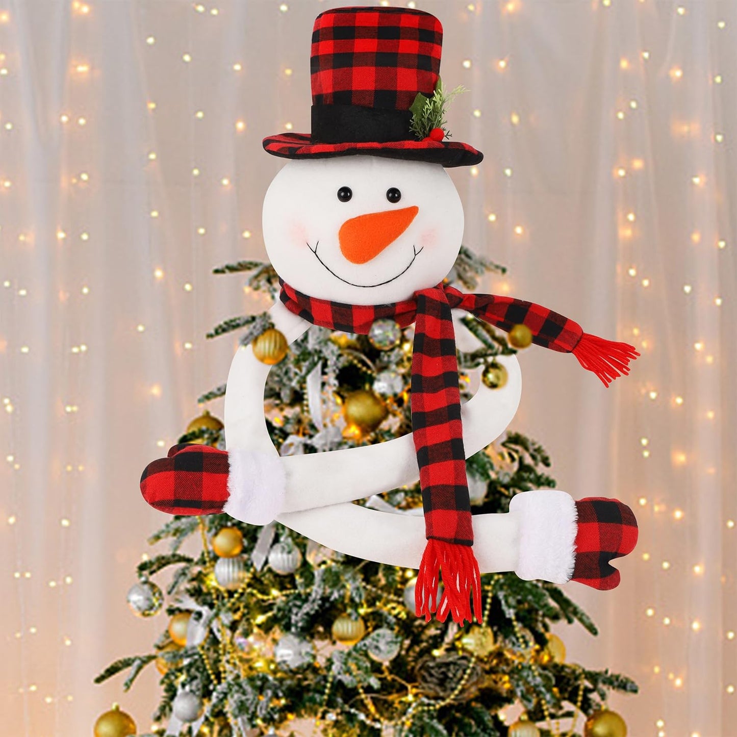 Juegoal Christmas Snowman Tree Topper, Large Plush Snowman Treetop Hugger with Red Black Plaid Top Hat & Scarf, Xmas Tree Ornament Supplies Holiday Winter Home Wonderland Party Decorations