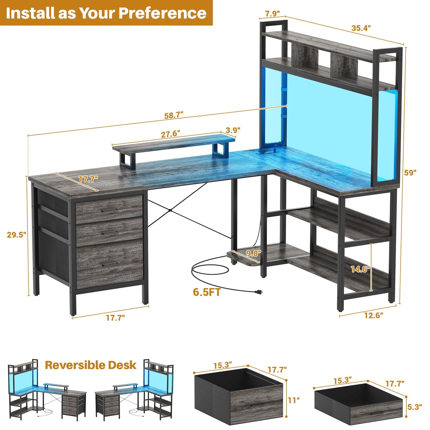 Aheaplus L Shaped Desk with Hutch, Gaming Desk with Led Lights, Reversible Computer Desk with Power Outlet, Corner Desk with File Drawer & Monitor Stand, Storage Shelves for Home Office, Black Oak