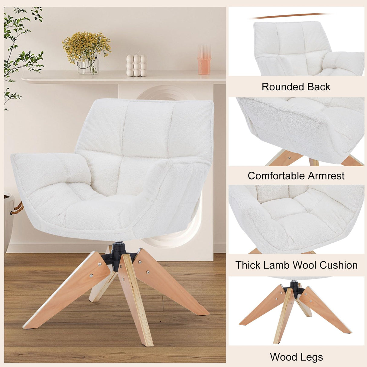 SOERGO Mid Century Accent Chair, Lambs Wool Vanity Chair Modern Cozy Desk Chair no Wheels with Amrest, Wood Legs for Living Room, Reading Room, Bedroom, White SOERGO