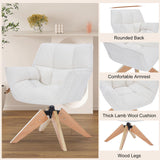 SOERGO Mid Century Accent Chair, Lambs Wool Vanity Chair Modern Cozy Desk Chair no Wheels with Amrest, Wood Legs for Living Room, Reading Room, Bedroom, White SOERGO