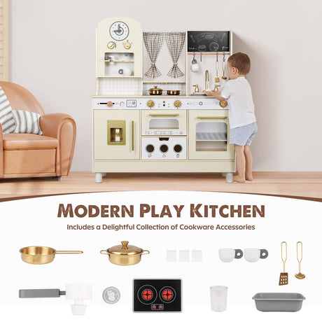 EDUBEBO Kids Kitchen playset, Wooden Play Kitchen, Height Adjustable, Comes with Various Kitchen Accessories, Ideal Role Play Toy Gift for Toddlers and Kids Ages 3-8 (White) EDUBEBO