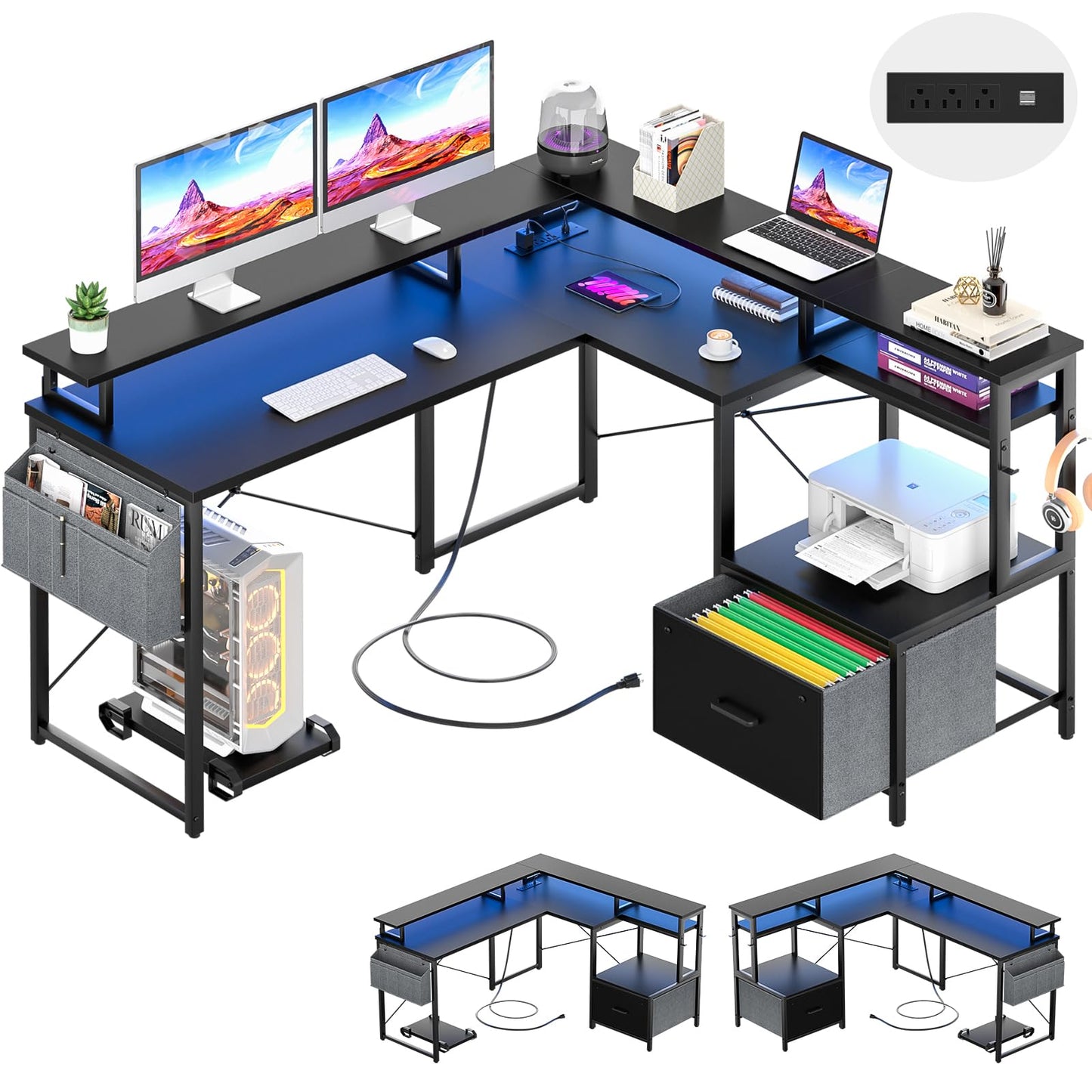 Unikito L Shaped Desk with File Drawer, Reversible L Shaped Computer Desk with Power Outlet & LED Lights, Home Office Desk Corner Desk with Monitor Shelf and Printer Cabinet, Gaming Desk, Bla - WoodArtSupply