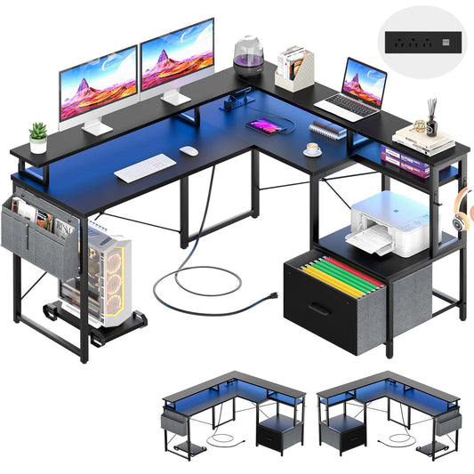 Unikito L Shaped Desk with File Drawer, Reversible L Shaped Computer Desk with Power Outlet & LED Lights, Home Office Desk Corner Desk with Monitor Shelf and Printer Cabinet, Gaming Desk, Bla - WoodArtSupply