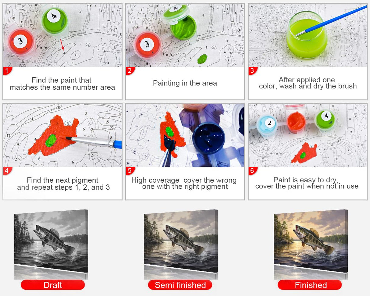 TUMOVO Paint by Numbers Kit for Adults Largemouth Bass Paint by Numbers for Adults Fish Jumping Out of Water Painting Adult Paint by Number Kits on Canvas Oil Painting Art Crafts 16x20 in TUMOVO